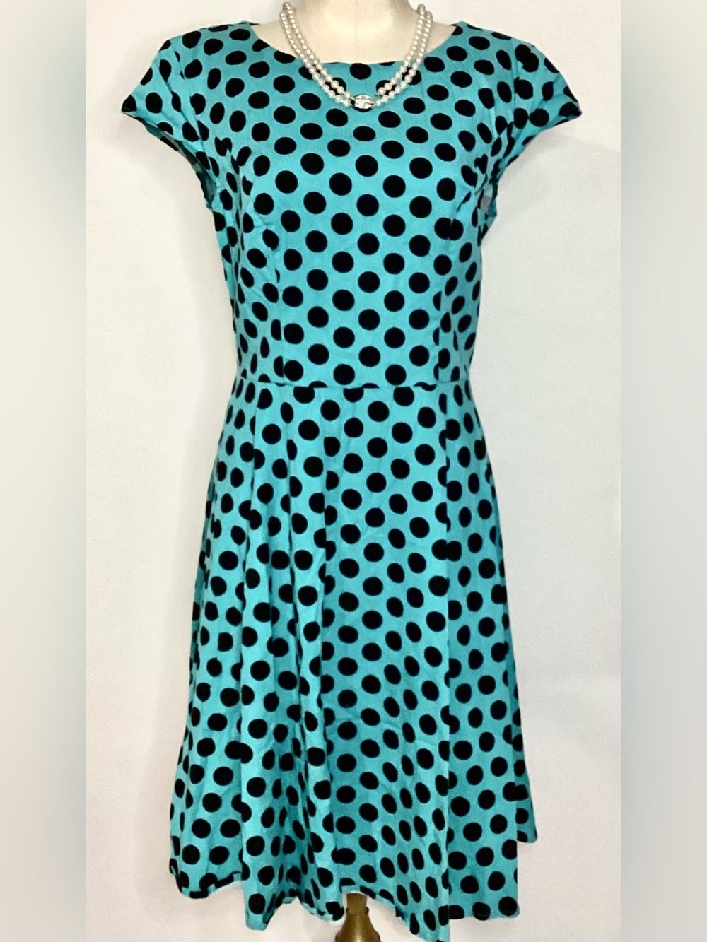 Dressystar Teal and Black Polka Dot Fit-and-Flare Swing Dance Style Dress